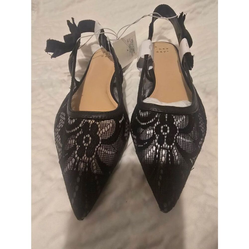 Women's London Lace Sling Back Bow Flats - a New Day™ Black 7: Cushioned Insole, - Picture 2 of 5